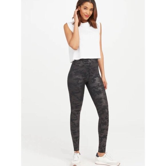 Spanx Pants - Black Spanx Camouflage Faux Leather High Waist Shapewear Leggings Camo Shine M